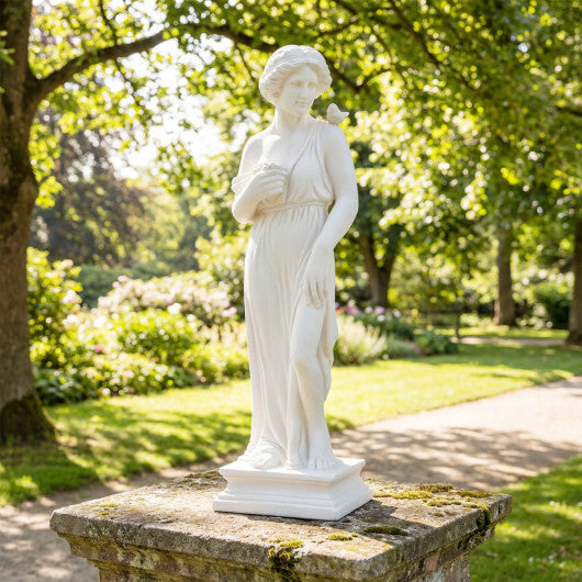 31.5 Inch Outdoor Greek Goddess Statue with Antique Finish and Column Base-White