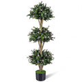 51" Artificial Triple Ball Boxwood Topiary Tree with 59 Blossoms-Purple