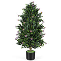 2 Pack Artificial Topiary Cone Tree Faux Potted Shrub Plant with 49 Flowers-purple