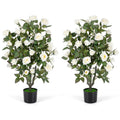 Set of 2 Artificial Rose Tree with Blooming Flowers and Green Leaves for Indoor-White
