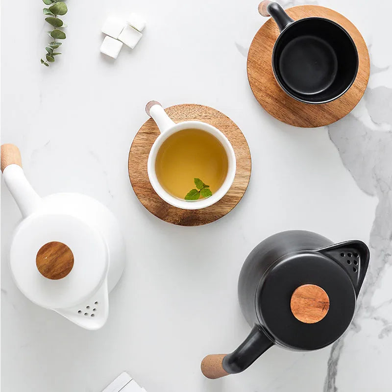 DecorBites™ Japanese Style Ceramic Tea Pot Set with Wooden Handle | Heat-Resistant Borosilicate Glass