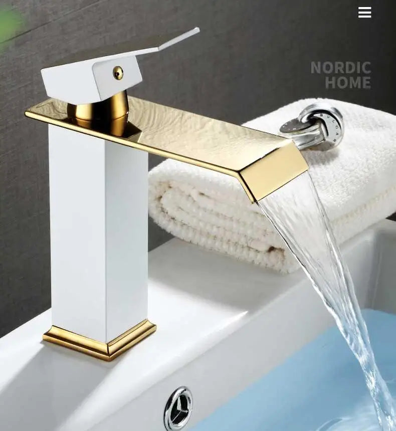 DecorBites™ Gold Waterfall Basin Faucet - Brass Mixer Tap for Bathroom Sink, Hot and Cold
