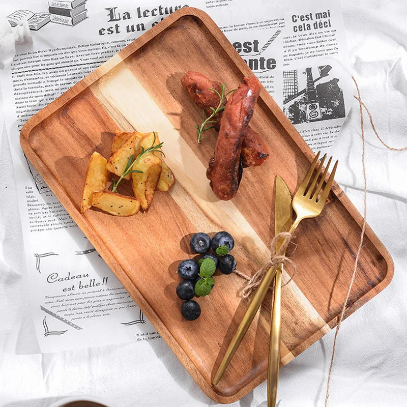 DecorBites™ Acacia Wood Breakfast Tray - Rectangular Fruit Plate with Wooden Cutlery