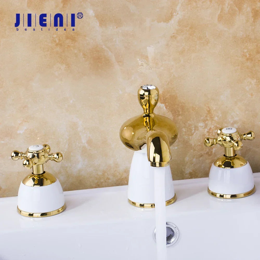 DecorBites™ Golden Plated Bathroom Faucet Set with Ceramic Cross Handles