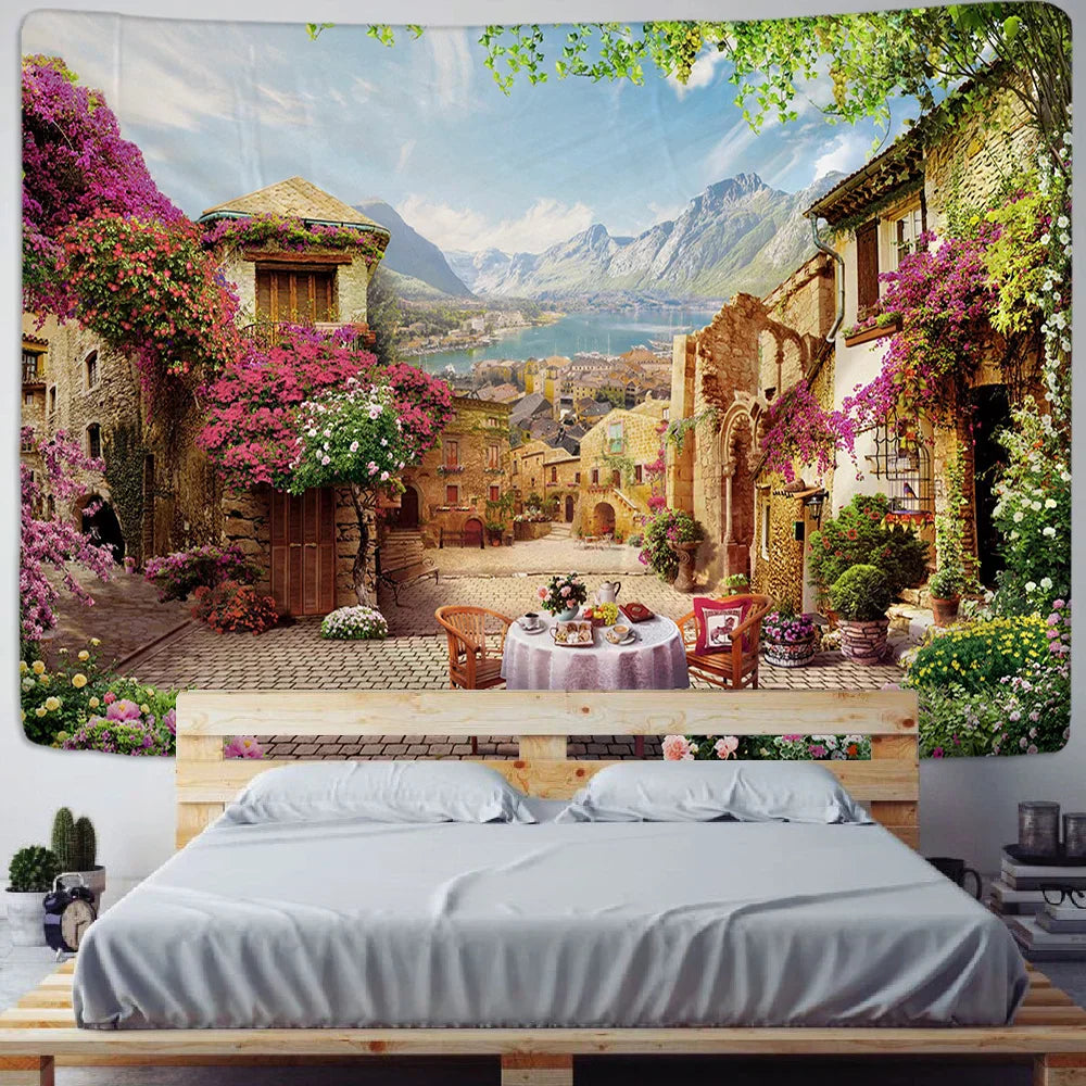 DecorBites™ Green Plant Landscape Tapestry | Boho Wall Hanging for City Castle Hill