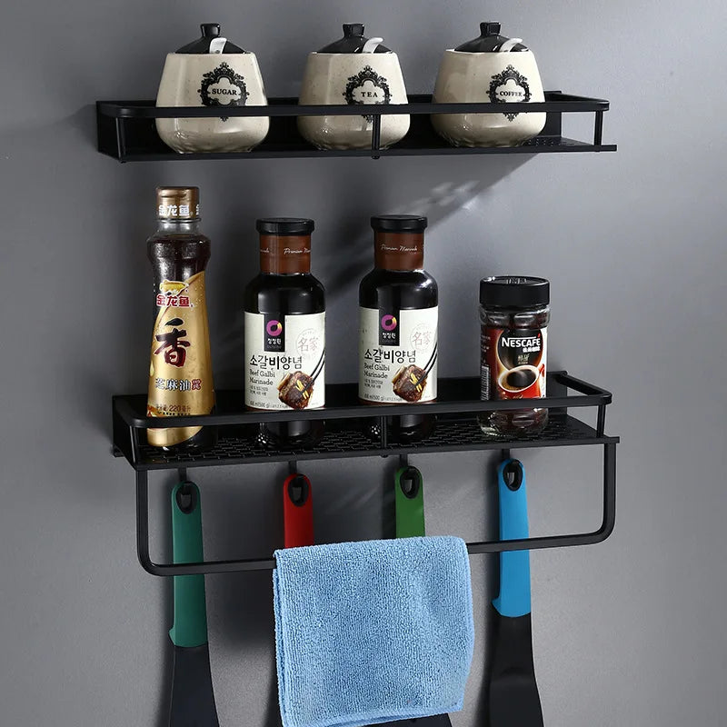DecorBites™ Black Aluminum Bathroom Shelf with Towel Bar Wall Mounted - Bath Shower Shampoo Holder