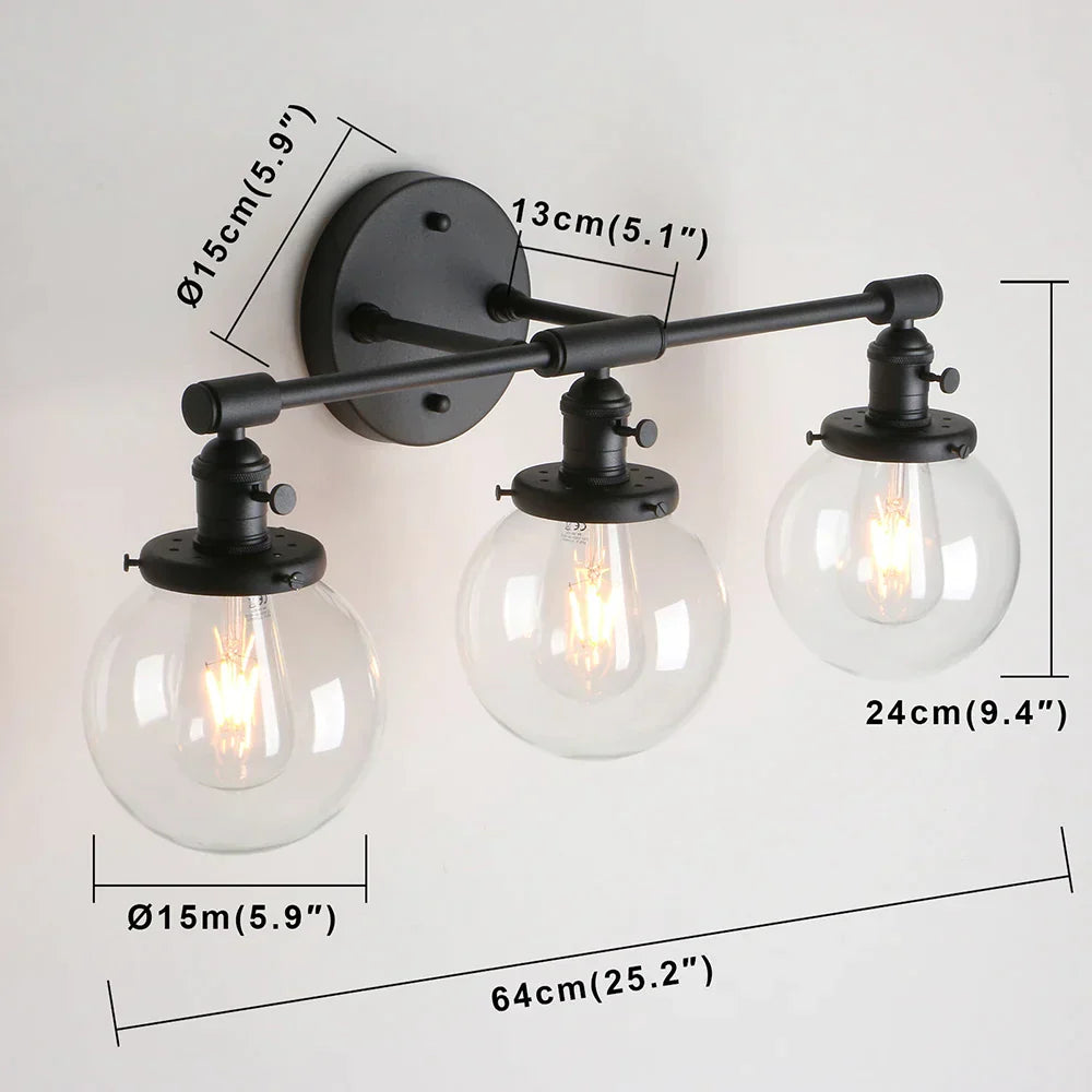 DecorBites™ Black 3-Light Wall Sconce Bathroom Vanity Fixture with Round Glass Canopy