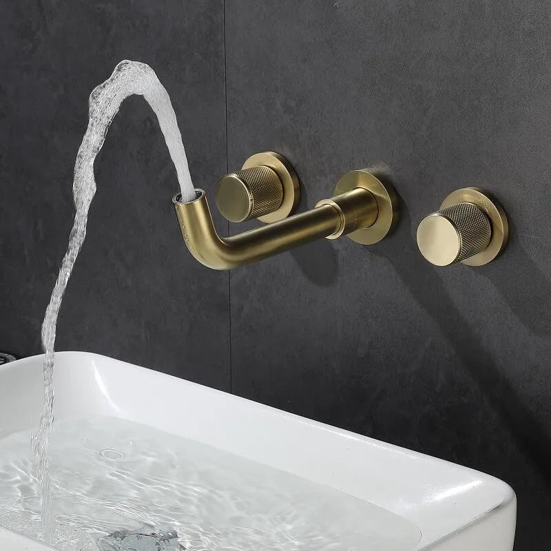 DecorBites™ Brushed Gold Basin Faucet: Single Handle Wall Mount Brass Mixer Tap, Cold/Hot Water