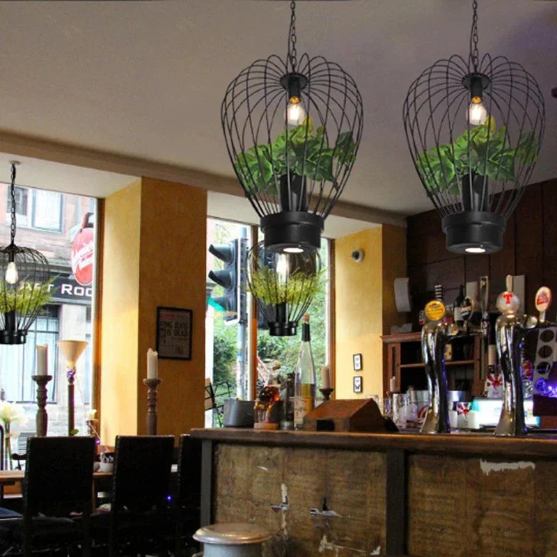 DecorBites™ Green Planting Birdcage Chandelier: Retro Industrial Style Pendant Lamp