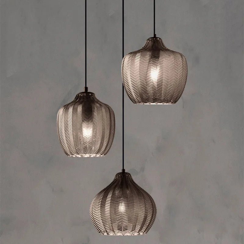 DecorBites™ Amber Gray Glass Chandelier LED Light Modern Nordic Bedroom Restaurant Bar Staircase Lamp