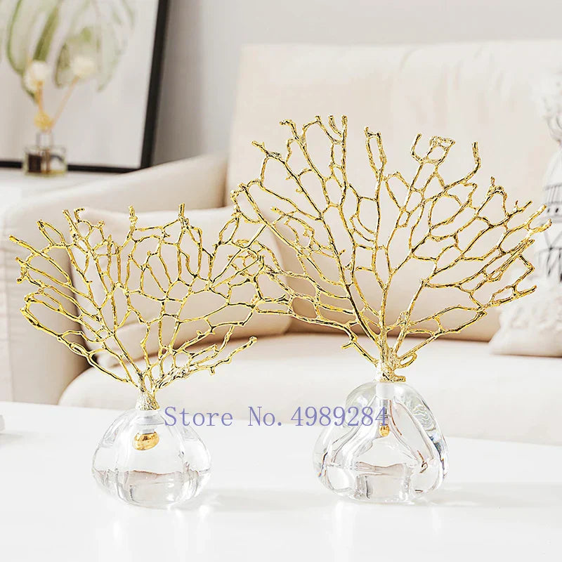 DecorBites™ Crystal Metal Golden Coral Handicraft Home Decor for Modern Living Space