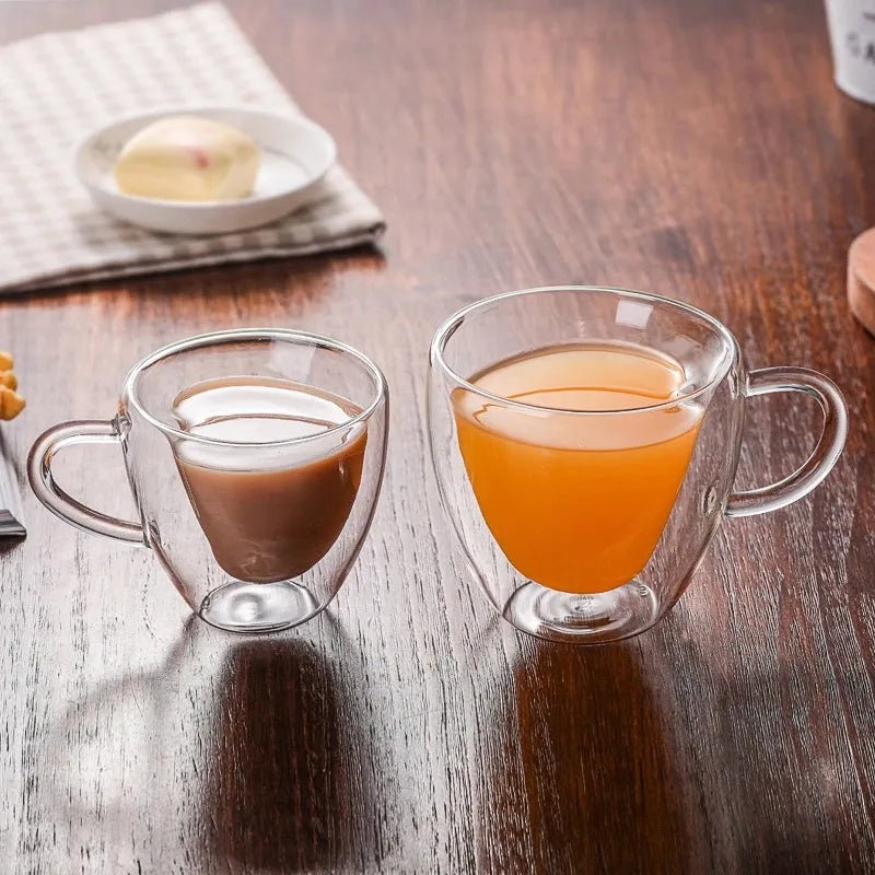 DecorBites™ Heart-Shaped Double Glass Mug | Romantic Couple Cups for Tea, Coffee
