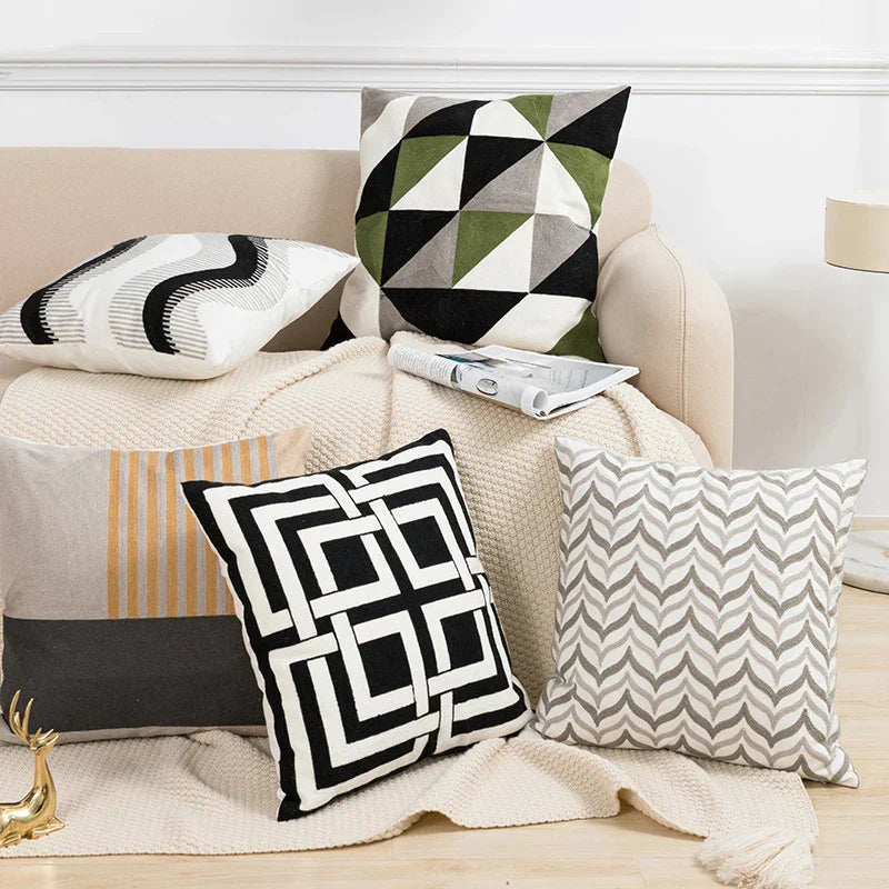 DecorBites™ Geometric Embroidery Cushion Cover 45x45cm Black Grey Soft Cozy for Home Decor