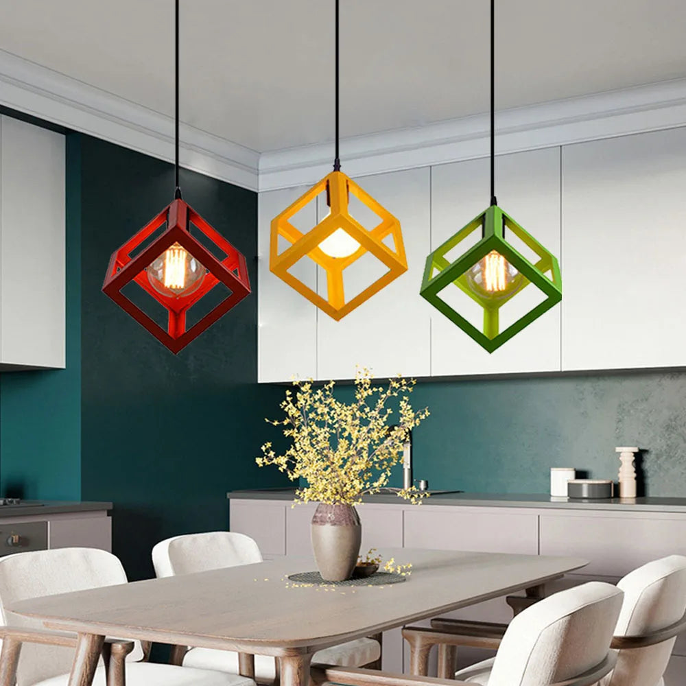DecorBites™ Geometric Cube Pendant Lights Trio Metal Shades Square Ceiling Lamps