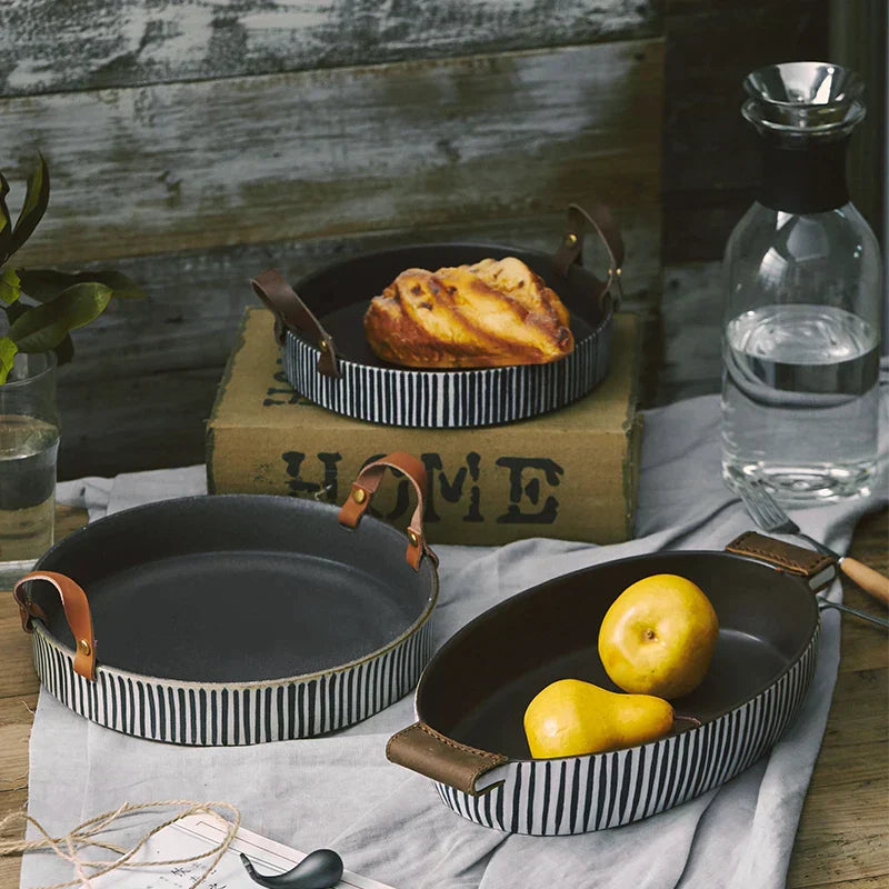 DecorBites™ Handmade Porcelain Bowl with Leather Handle - Round Sallow Salad Plate