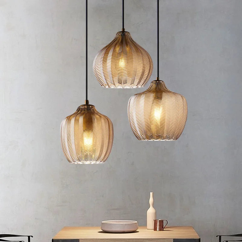 DecorBites™ Amber Gray Glass Chandelier LED Light Modern Nordic Bedroom Restaurant Bar Staircase Lamp