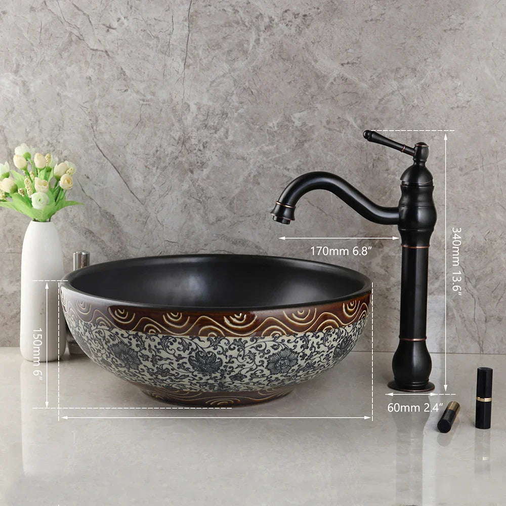 DecorBites™ Black Ceramics Sink with Hand-Painted Waterfall Design and Brass Faucet