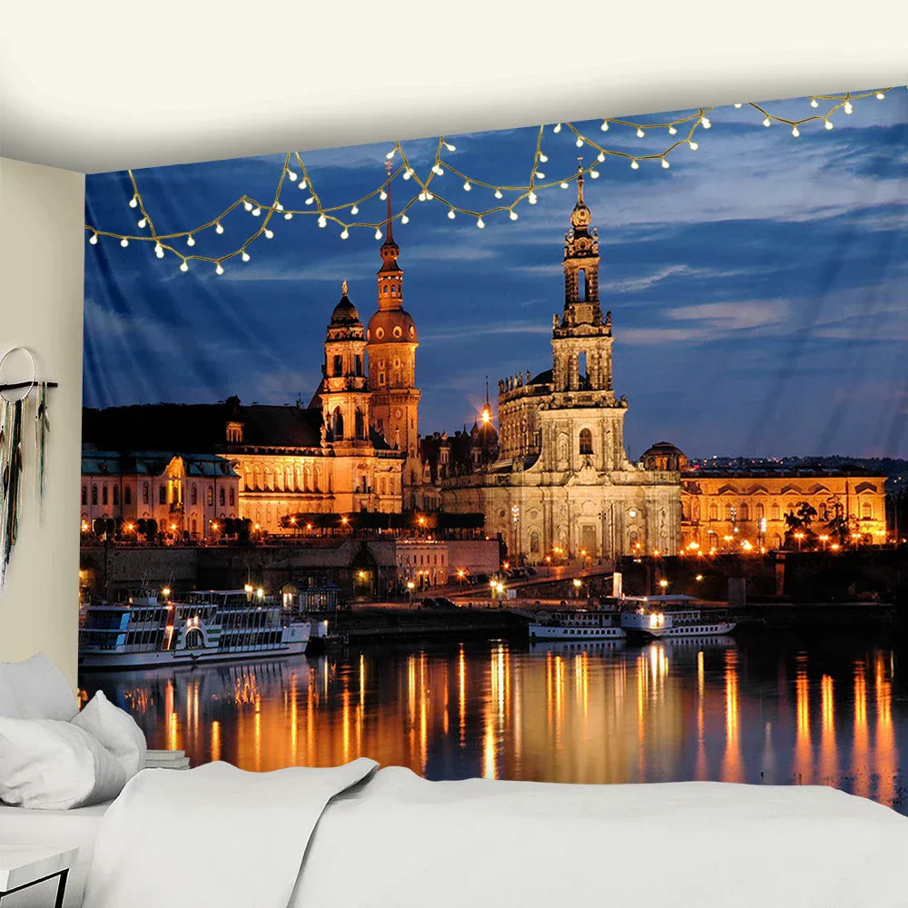 DecorBites™ City Night Scene Tapestry with European London Style Wall Hanging
