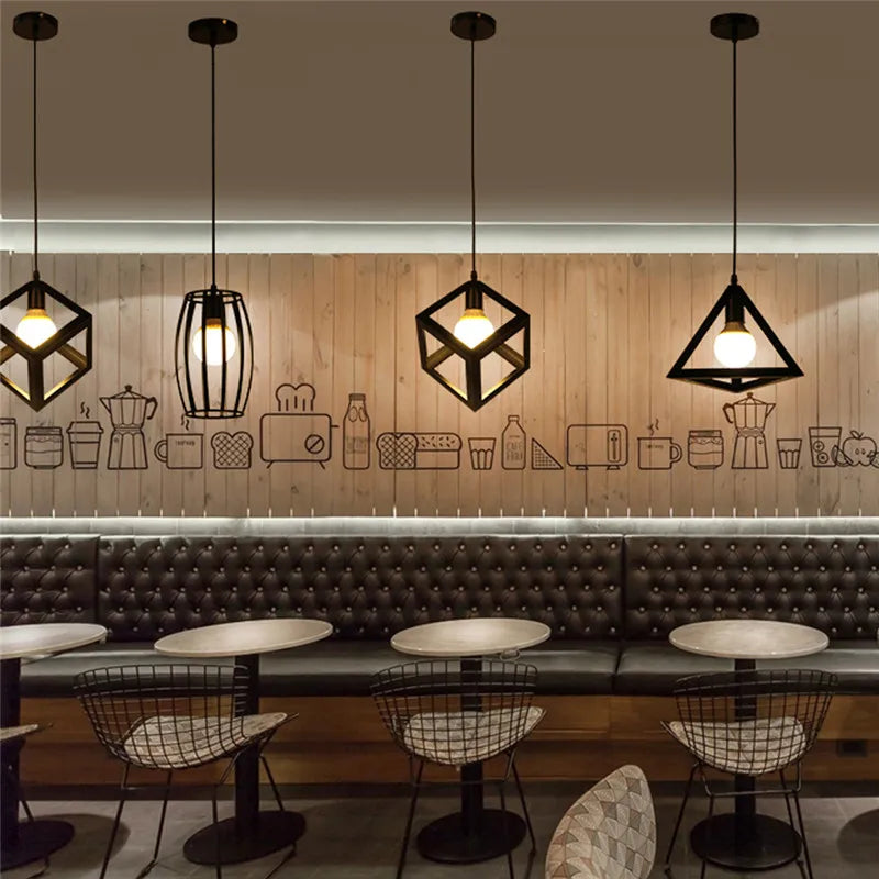 DecorBites™ Industrial Nordic Cage Pendant Light, Black Iron Retro Loft Hanging Lamp