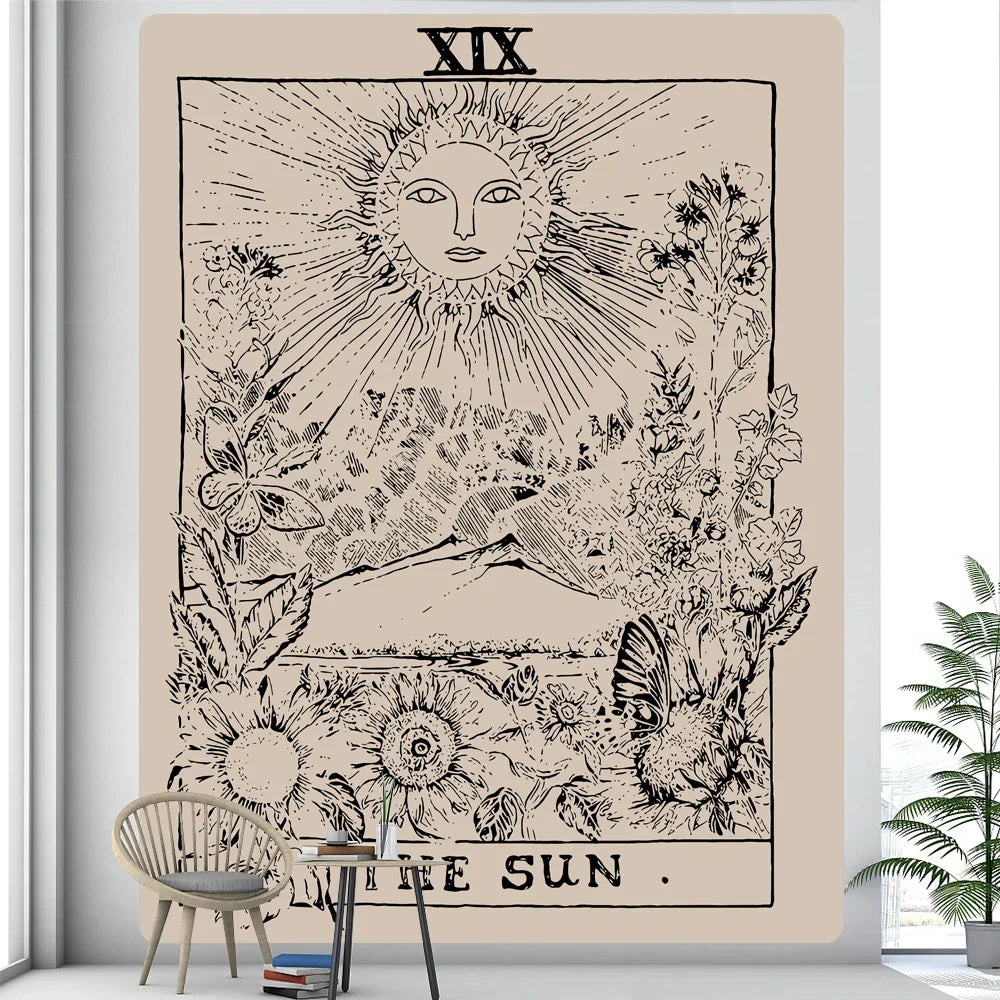 DecorBites™ Black & White Tarot Witchcraft Tapestry | Bohemian Hippie Mandala Wall Decor