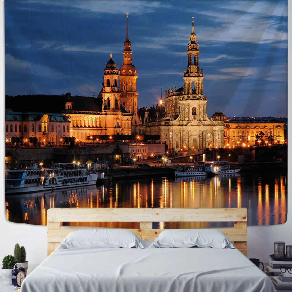 DecorBites™ City Night Scene Tapestry with European London Style Wall Hanging