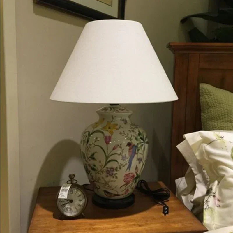DecorBites™ Coral Flower Bird Ceramic Table Lamp Hand-Painted Crack Glaze Living Room Table Lamp
