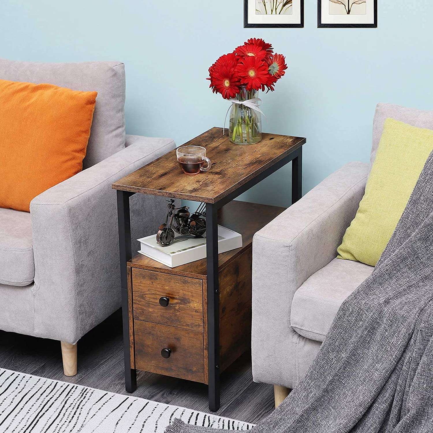 End Table, Narrow Chairside Table with Drawer and Open Storage Shelf