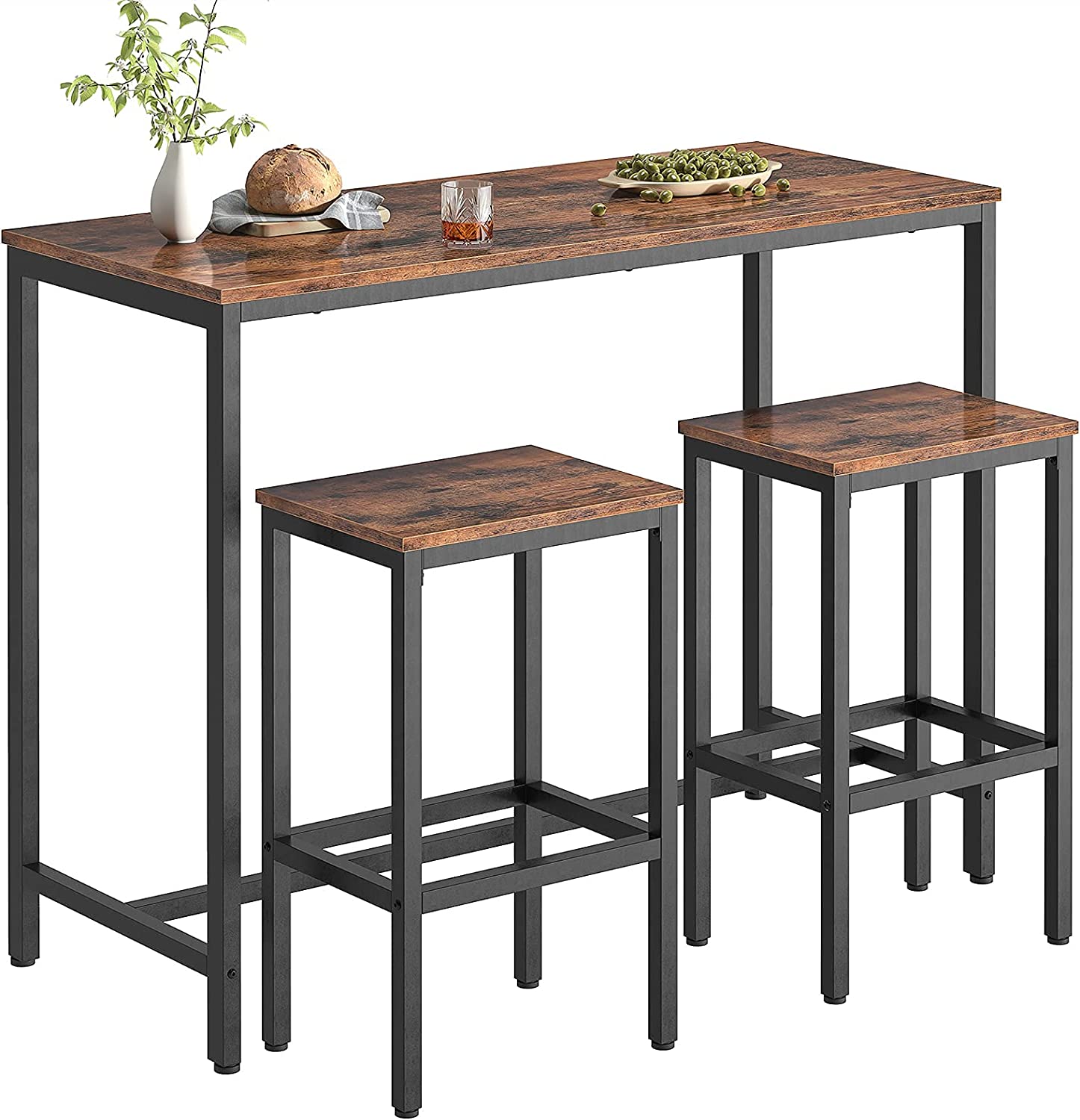 Bar Table and Chairs Set, Rectangular Pub Bar Table and 2 Bar Stools