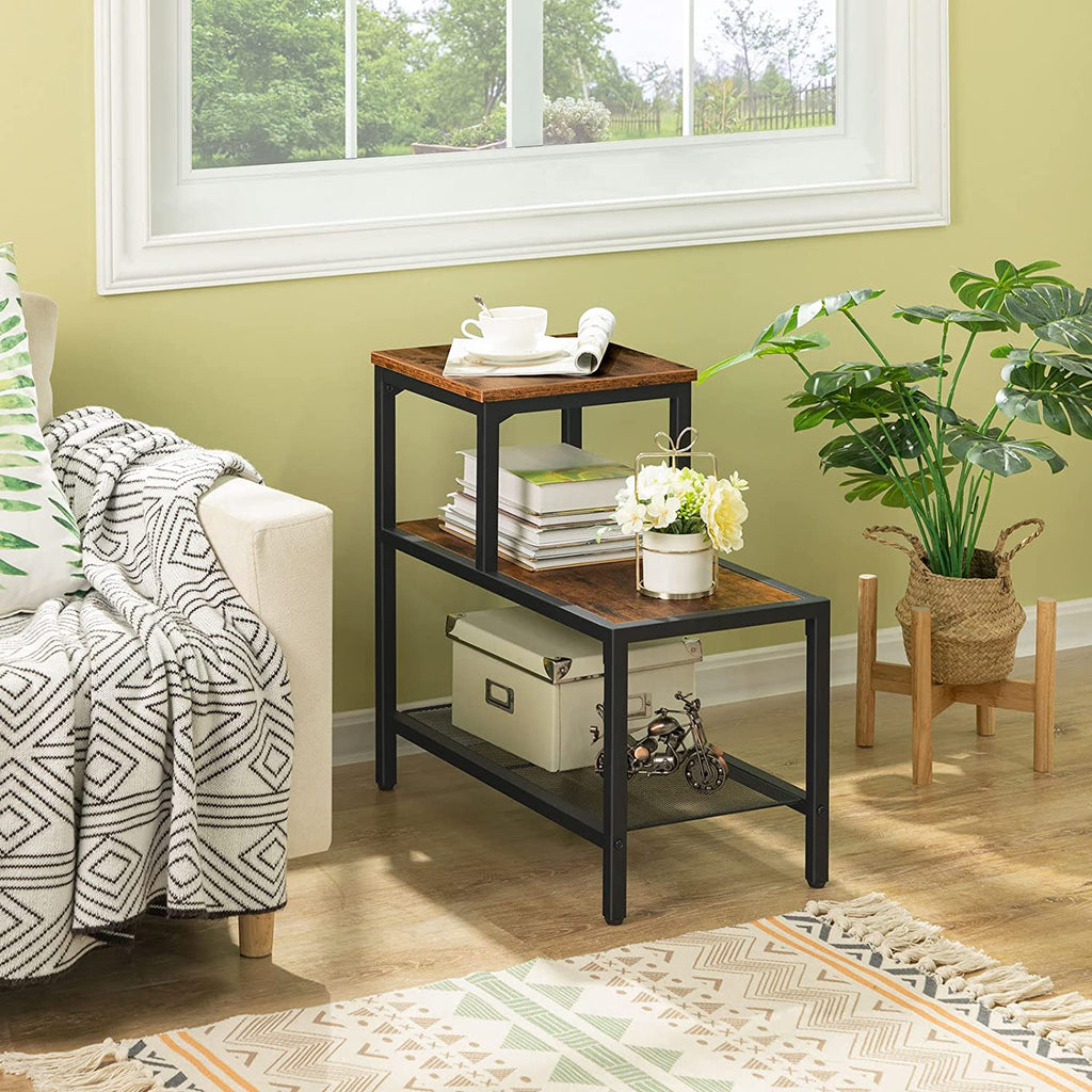 Side Table, 3-Tier Narrow Nightstand with Accent Decorative Ladder Shelf, Industrial Sofa End Table