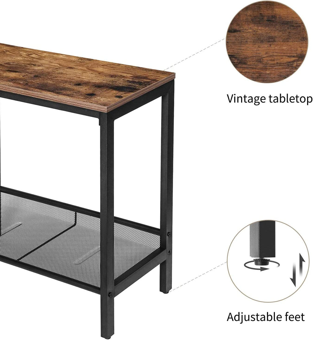 Side Table, Set of 2 Narrow Nightstands, Industrial End Table with Adjustable Mesh Shelf