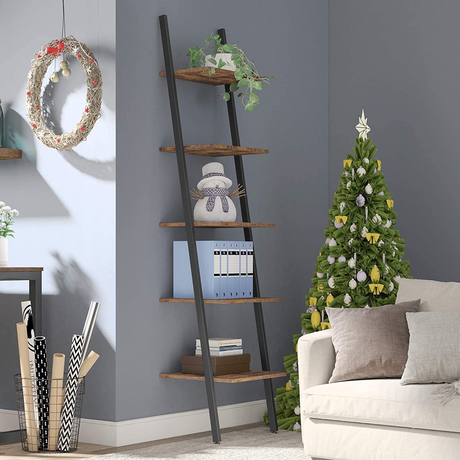 Ladder Shelf Leaning Shelf, 5-Tier Narrow Bookshelf, Leaning Bookshelf with Steel Frame