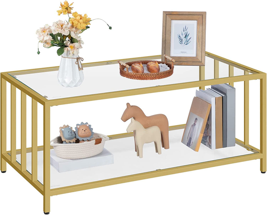 Glass Coffee Table, 2-Layer Gold Rectangle Coffee Table