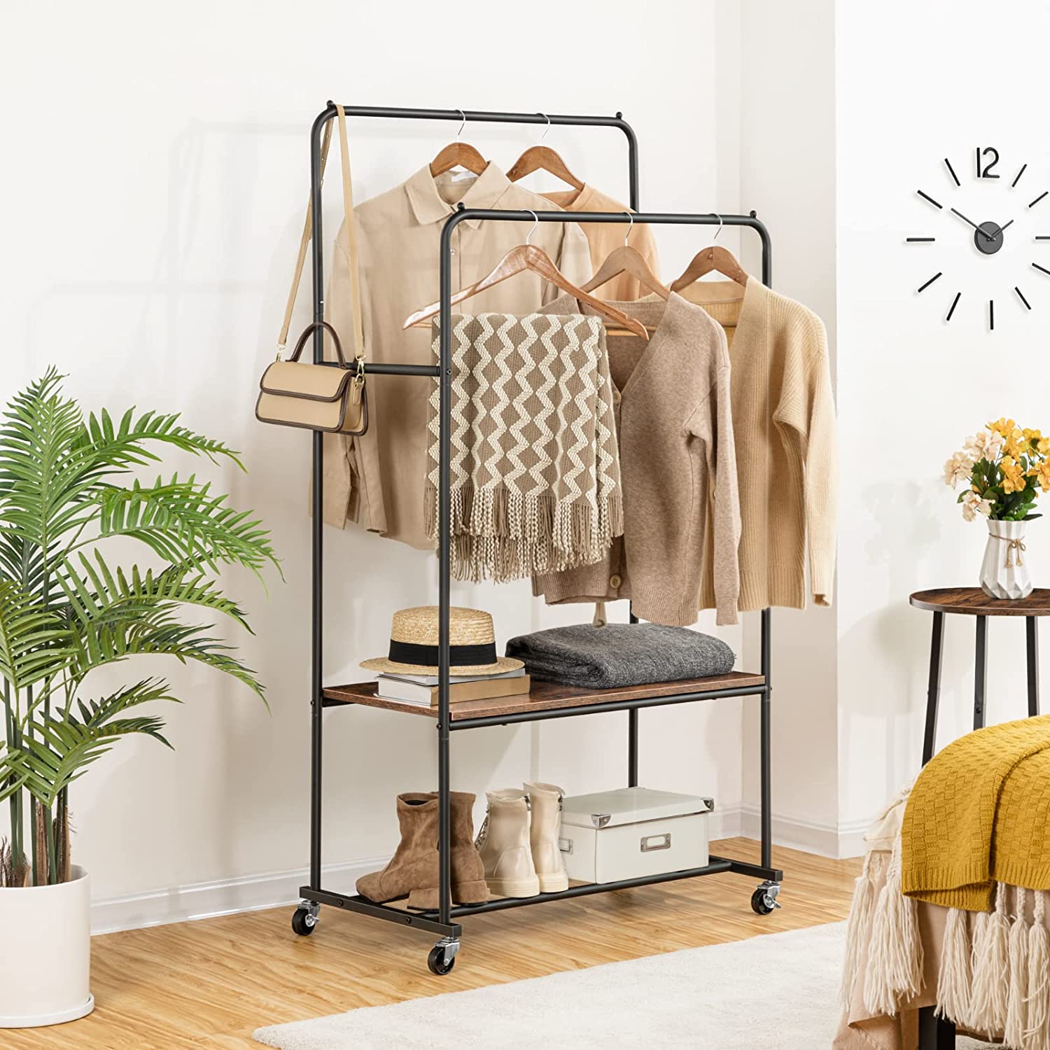 Clothes Rack, Rolling Clothing Rack with Shelf, Garment Rack on Wheels, Hanging Rack for Clothes