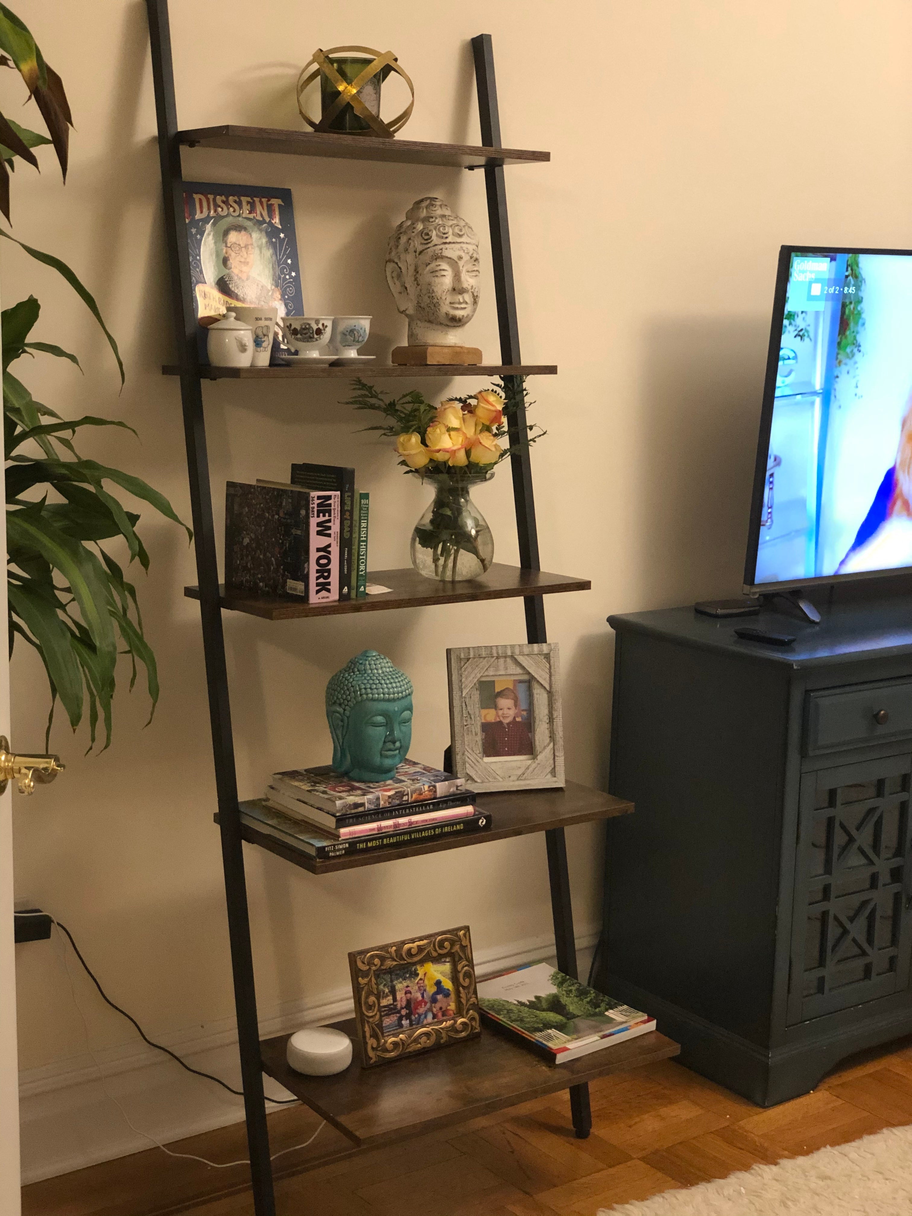 Ladder Shelf Leaning Shelf, 5-Tier Narrow Bookshelf, Leaning Bookshelf with Steel Frame