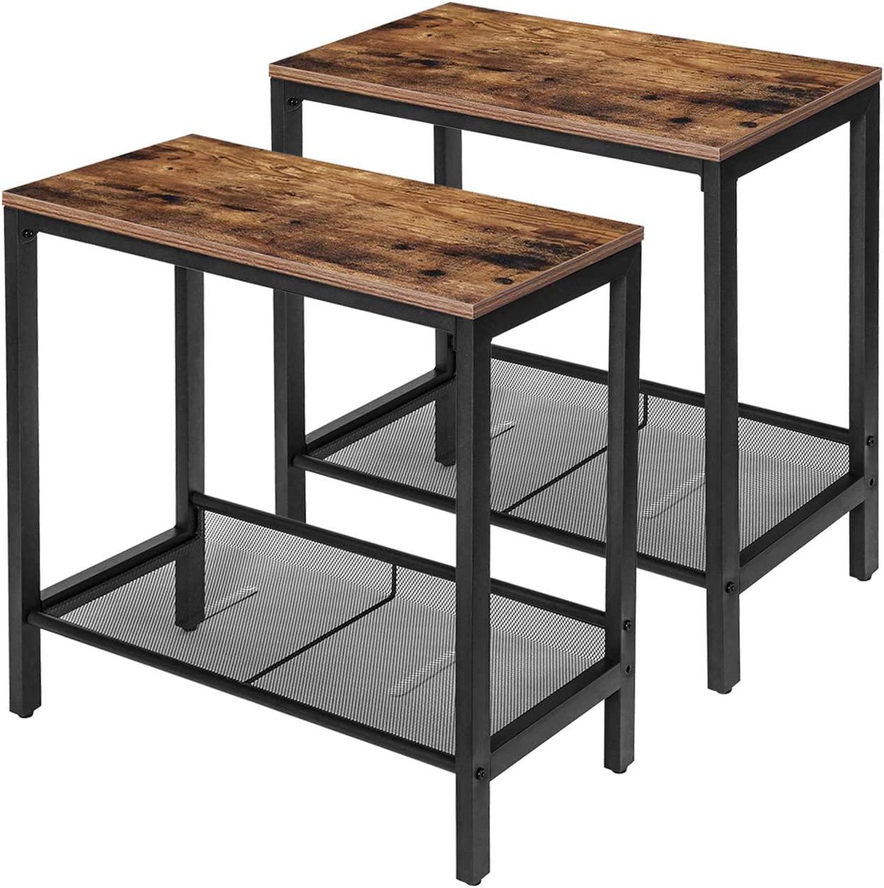 Side Table, Set of 2 Narrow Nightstands, Industrial End Table with Adjustable Mesh Shelf