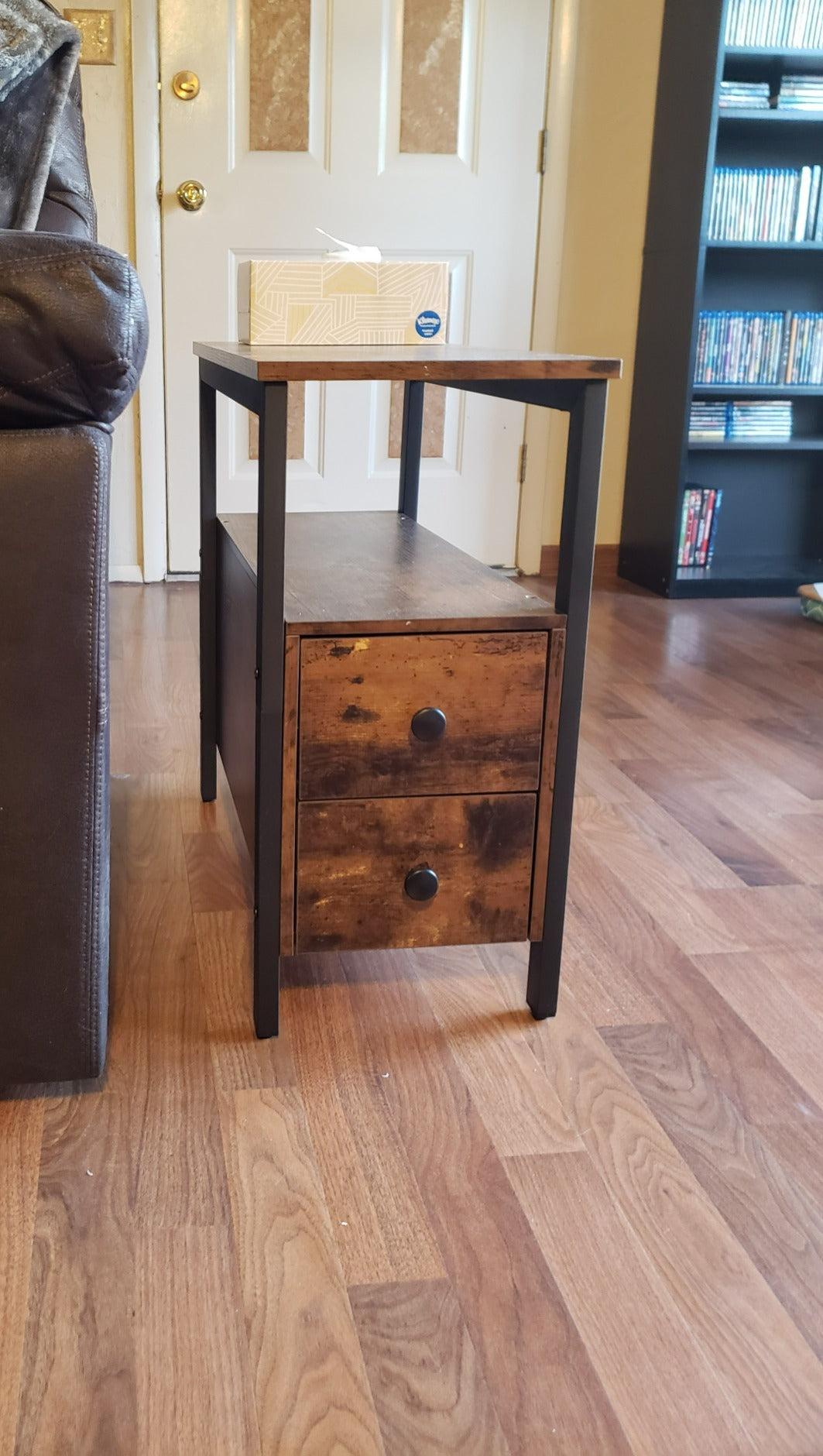 End Table, Narrow Chairside Table with Drawer and Open Storage Shelf