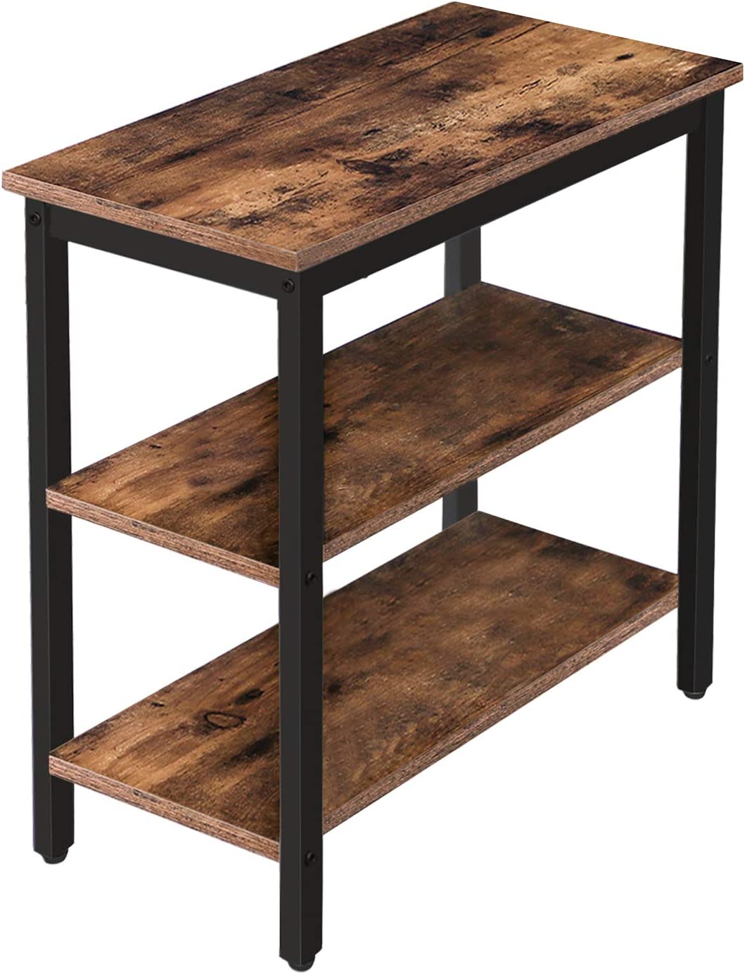 End Table, Simple Rustic Side Table with 3-Tier Storage Shelf, Narrow Nightstand