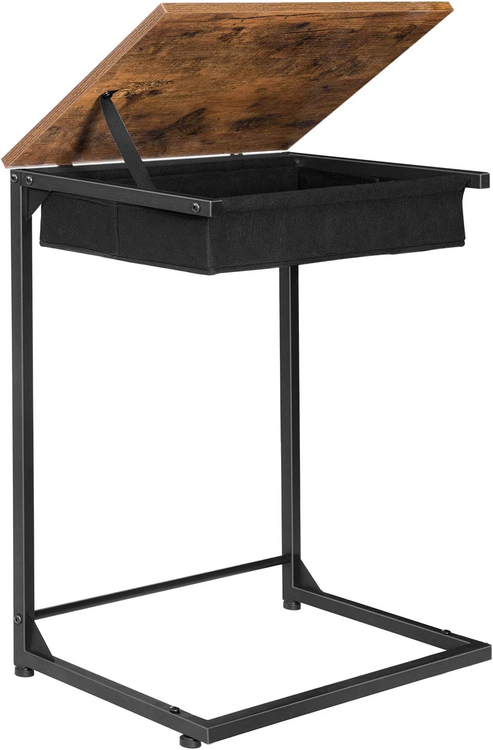 C-Shape Side Table, Flip Top Sofa End Table with Fabric Basket