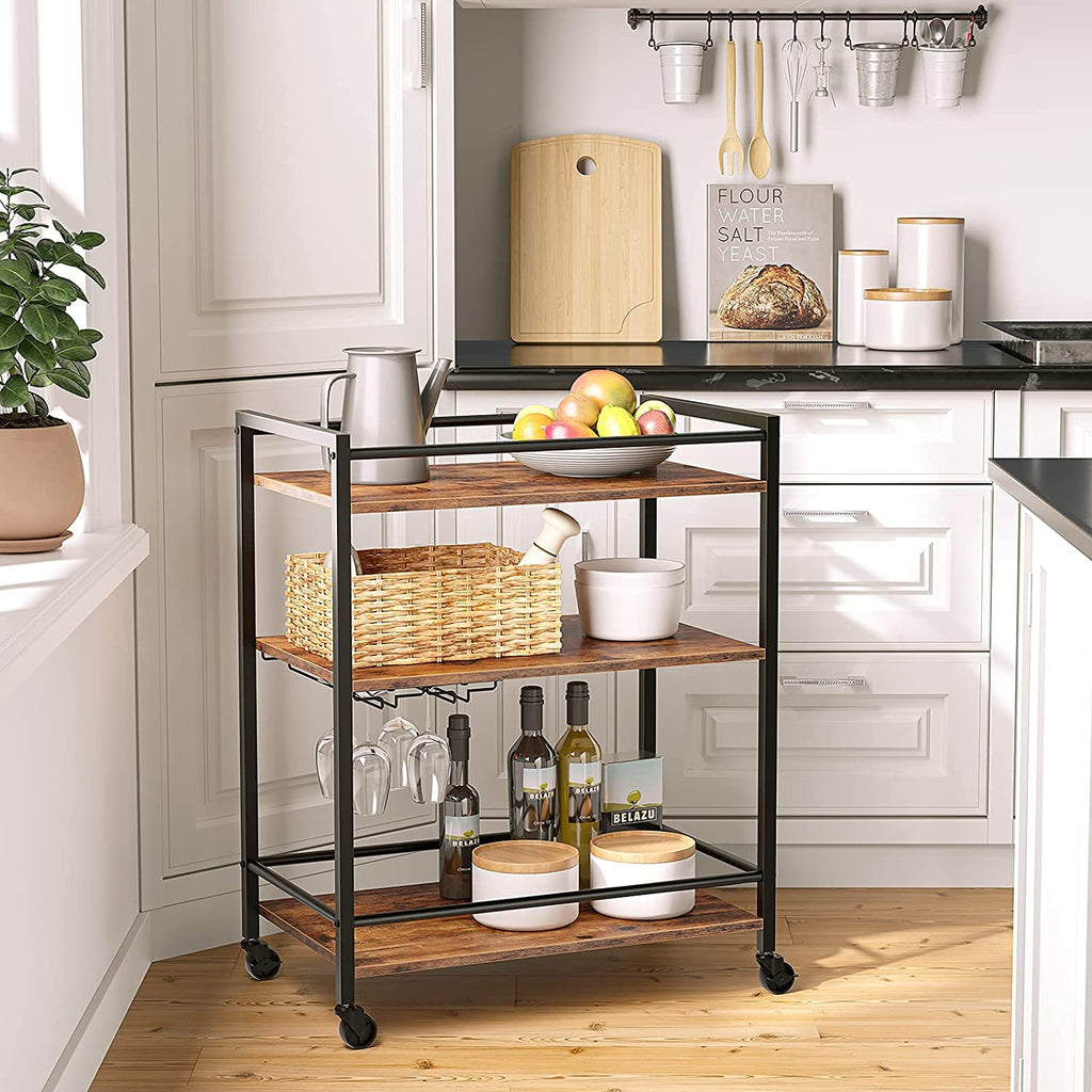 Bar Cart, 3-Tier Rolling Serving Cart on Wheels, Storage Cart with 2-Tier Glass Holder and Wine Bottle Racks