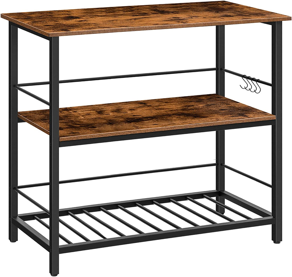 Kitchen Island with Wine Rack,Industrial Kitchen Counter with Hooks and Protective Rails, 3 Tier Kitchen Shelf