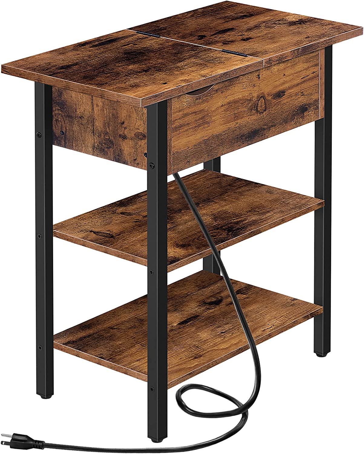 Side Table, Flip End Table with Charging Station and Shelves, USB Ports & Power Outlets, Narrow Nightstand