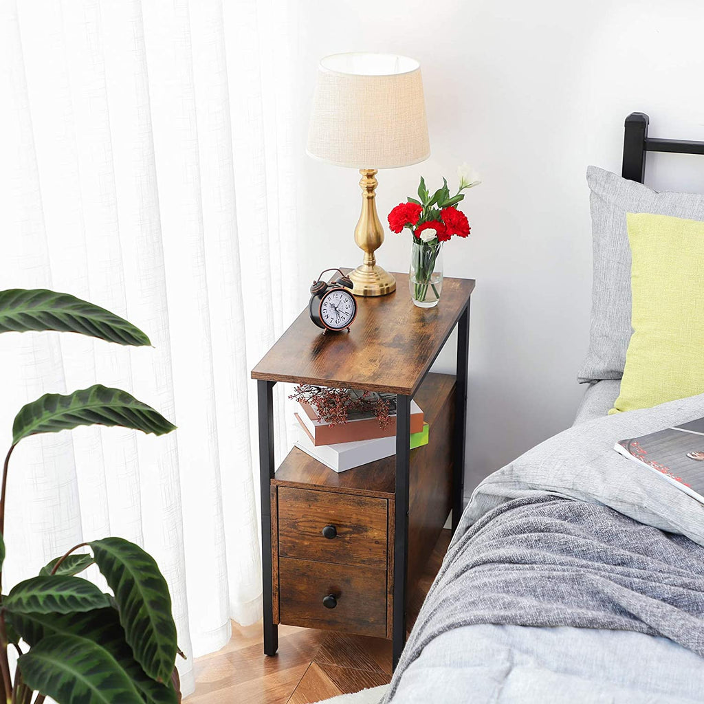 End Table, Set of 2, Side Table with 2 Drawer and Open Shelf, Narrow Nightstand