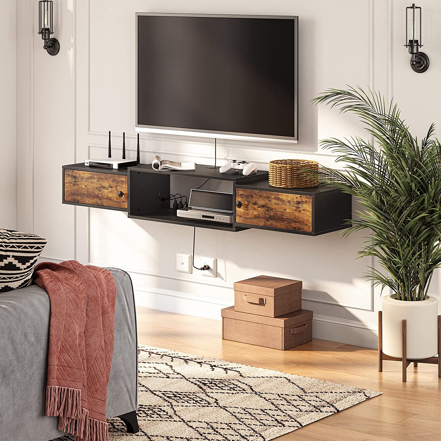 Floating TV Stand, TV Shelf with Power Outlet, Wall Mounted Media Console with Doors