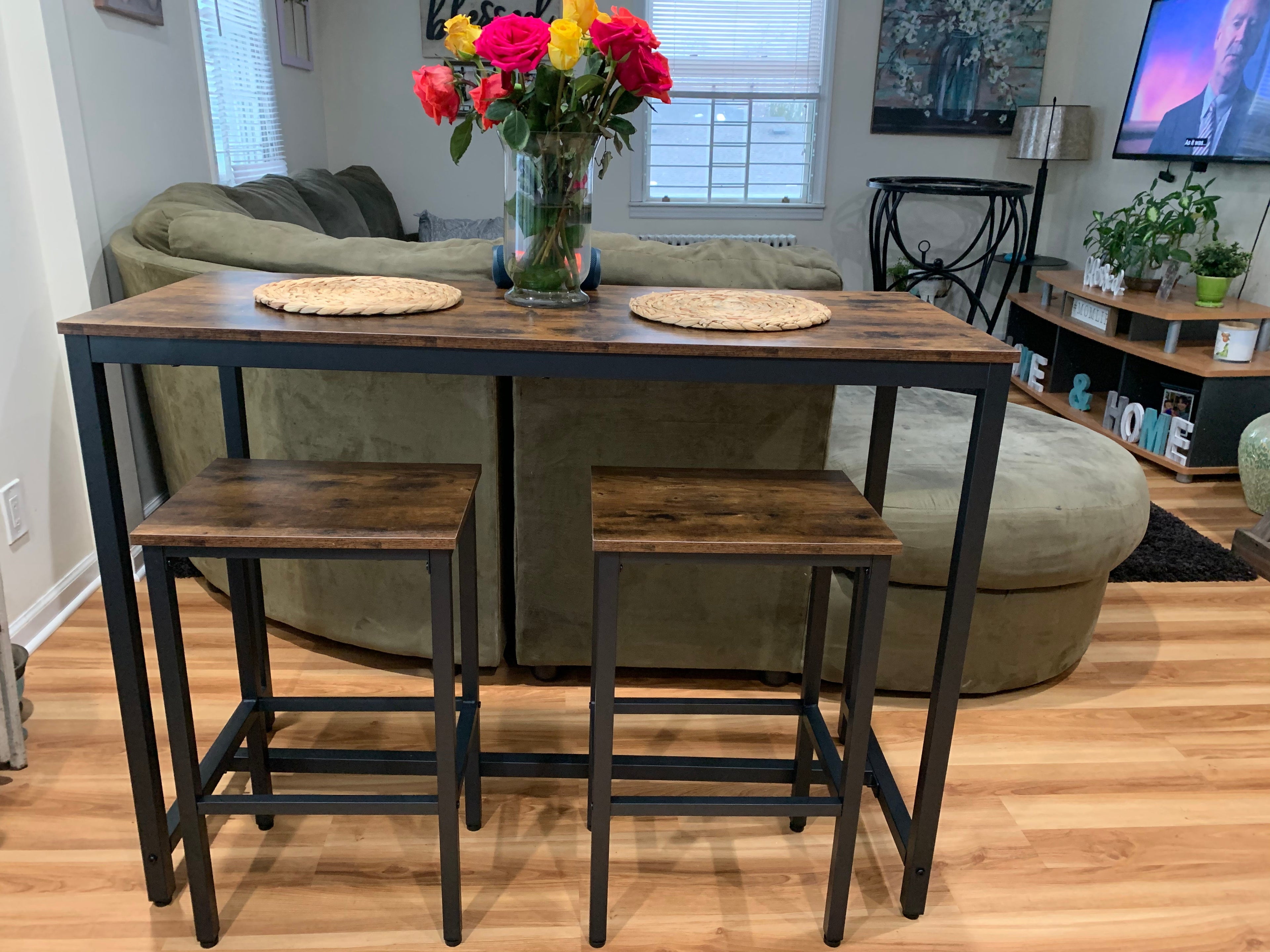 Bar Table and Chairs Set, Rectangular Pub Bar Table and 2 Bar Stools