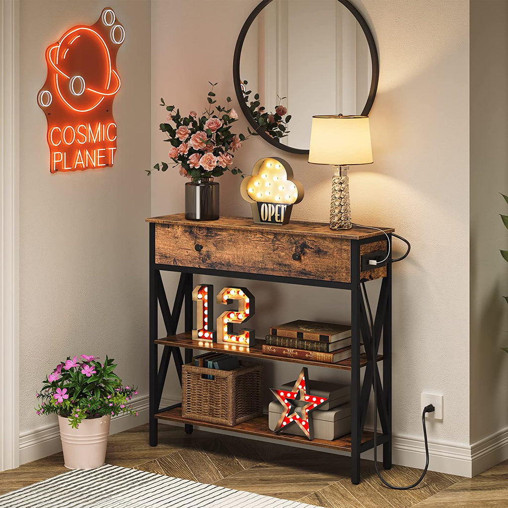 Console Table with Outlets and USB Ports, Narrow Entryway Table with Drawer