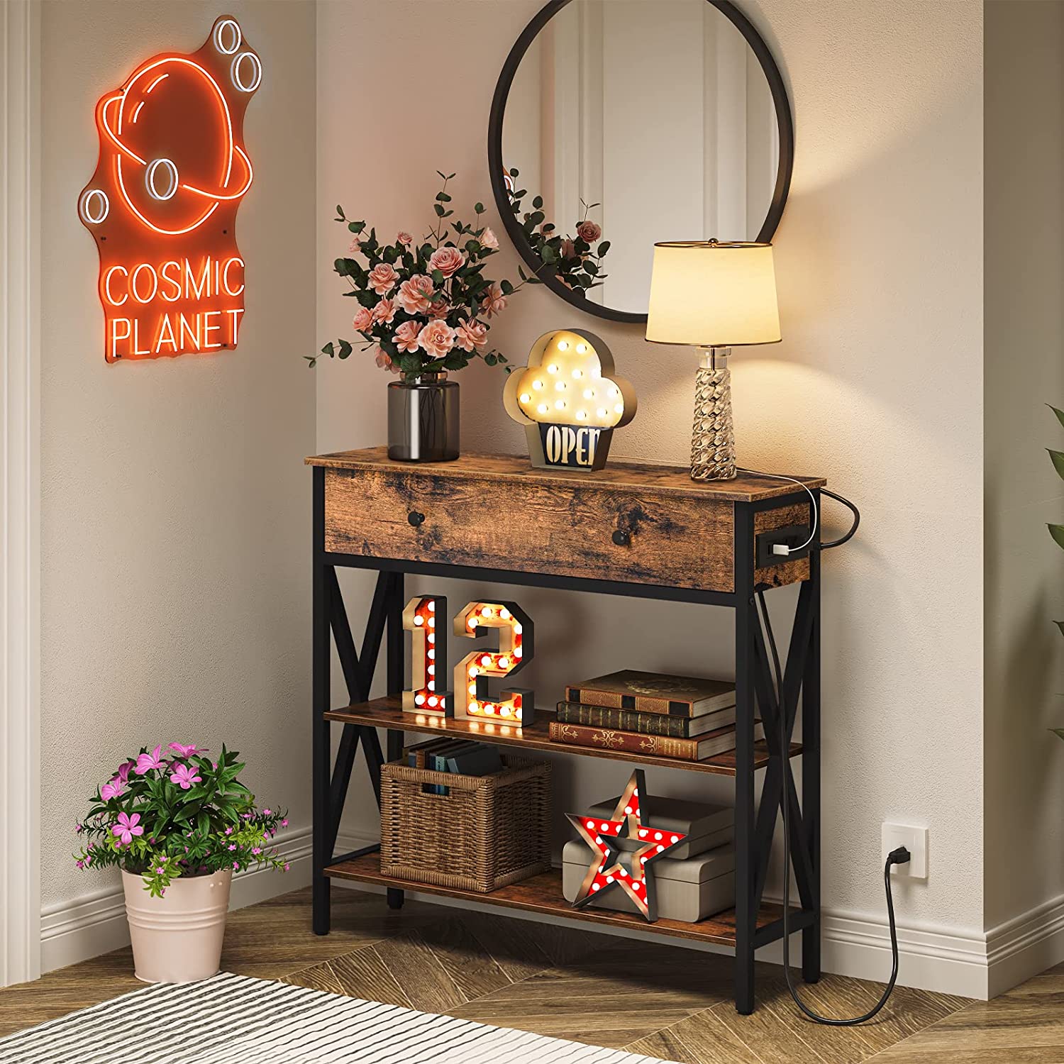 Console Table with Outlets and USB Ports, Narrow Entryway Table with Drawer
