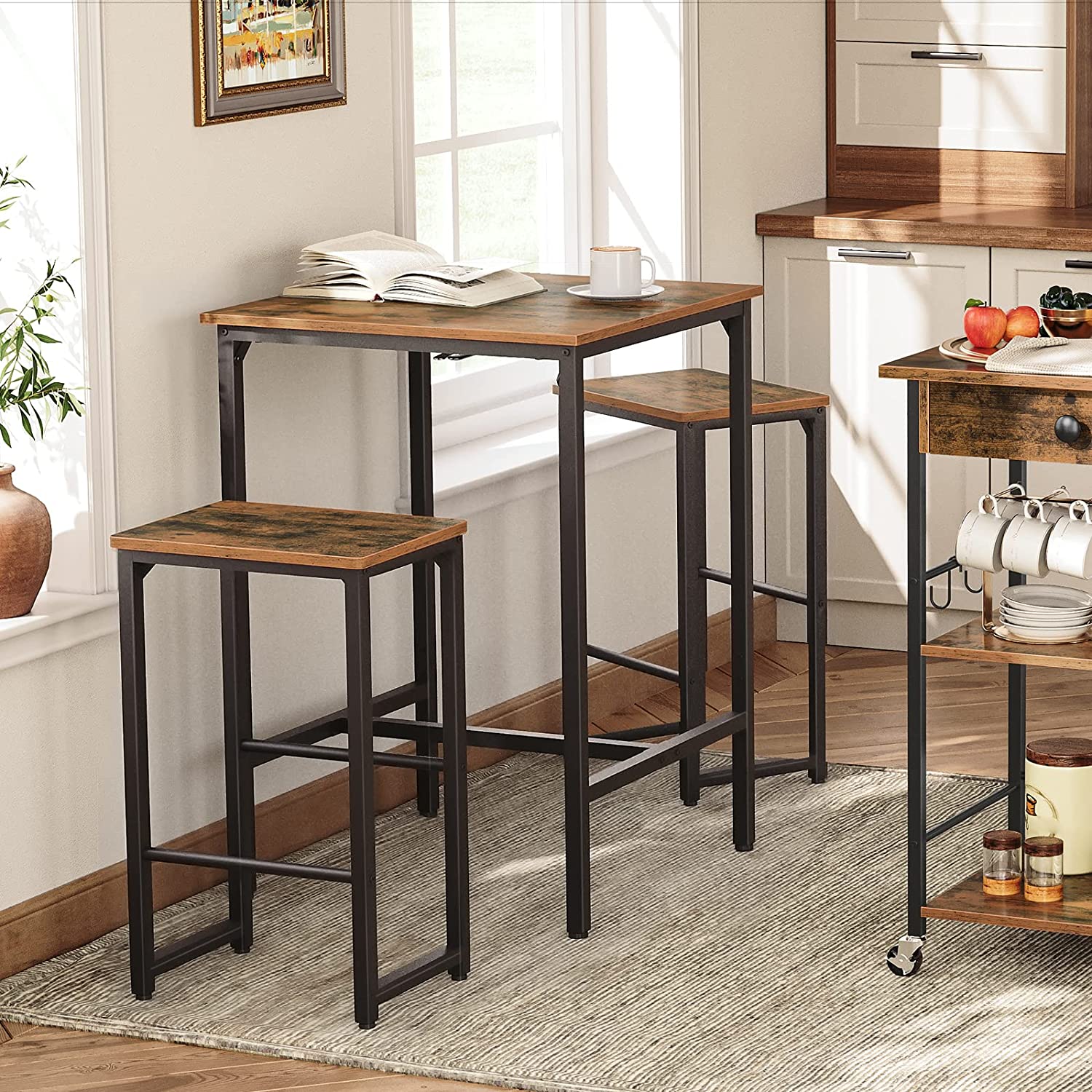 Bar Table Set, 3-Piece Dining Table and Bar Stools Set, Pub Table and Bar Chairs