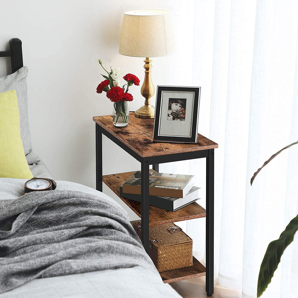 End Table, Simple Rustic Side Table with 3-Tier Storage Shelf, Narrow Nightstand