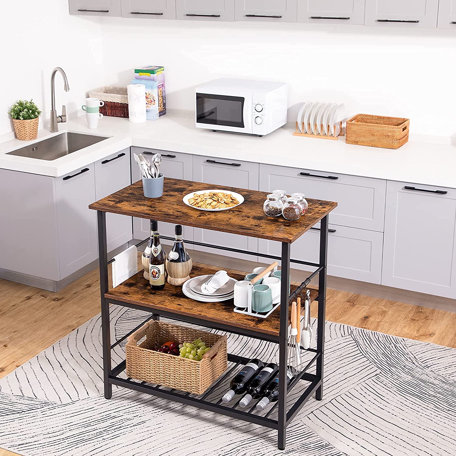 Kitchen Island with Wine Rack,Industrial Kitchen Counter with Hooks and Protective Rails, 3 Tier Kitchen Shelf