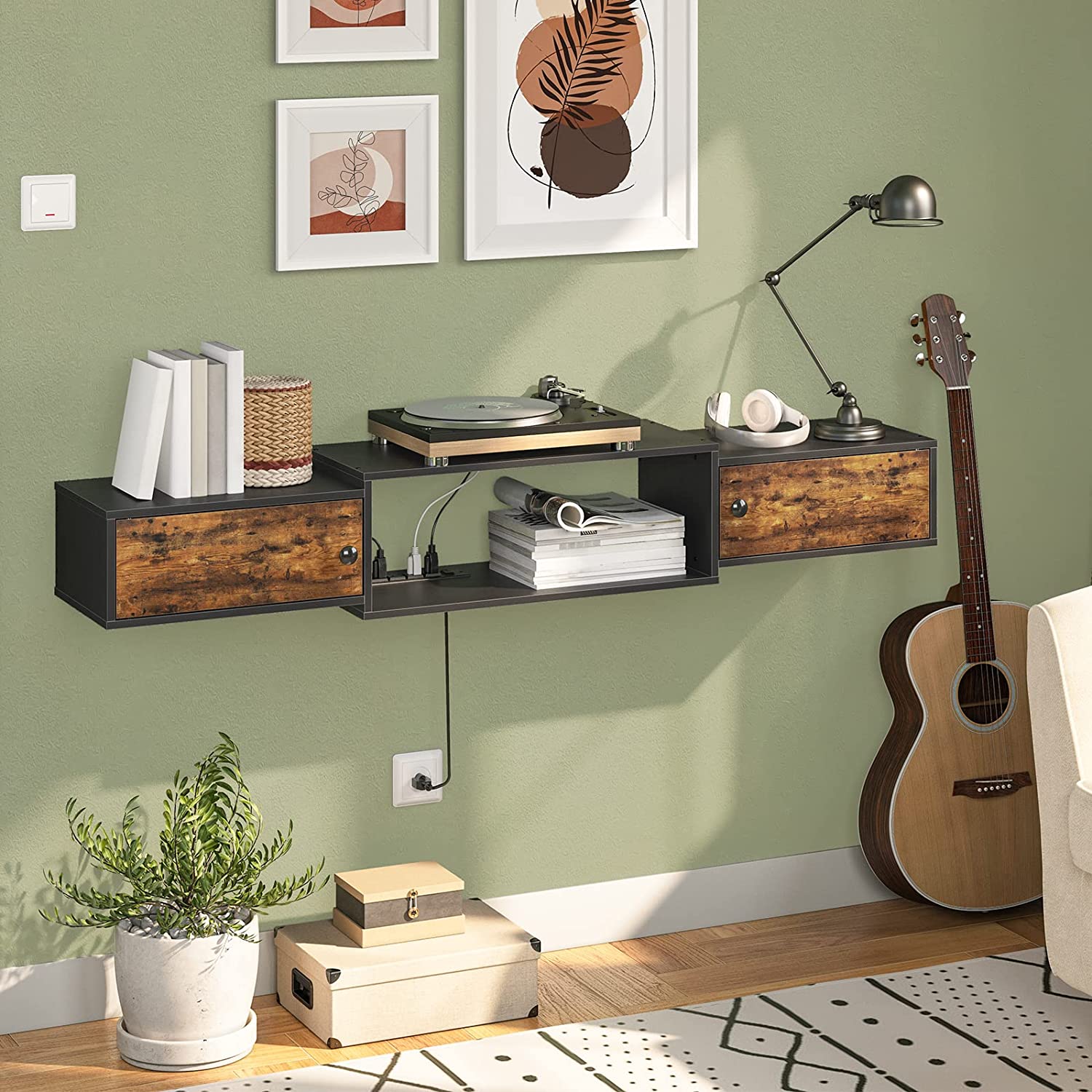 Floating TV Stand, TV Shelf with Power Outlet, Wall Mounted Media Console with Doors